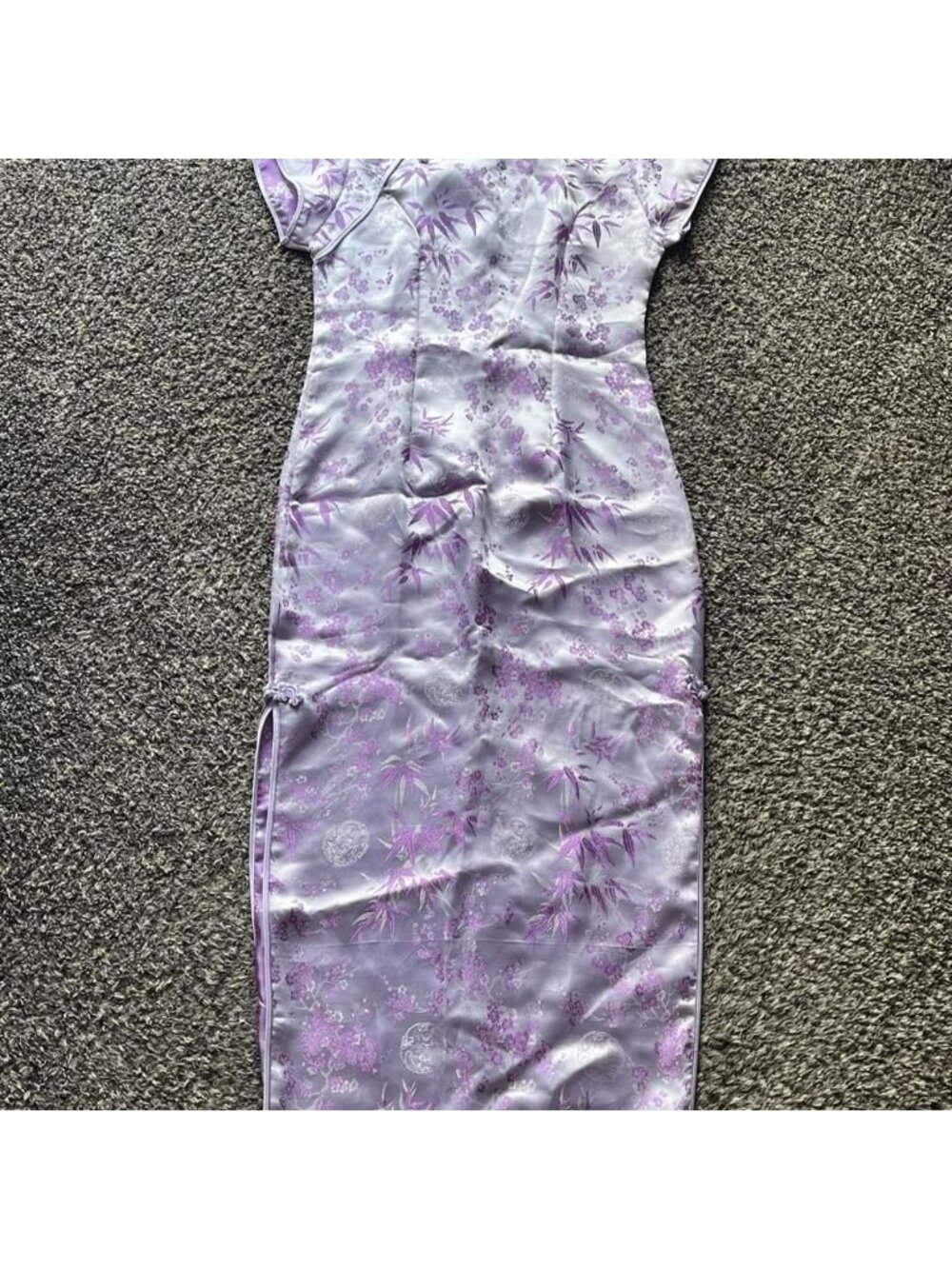 Purplish-Pink & Silver Satin Qipao Dress Floral Print Traditional Korean Kawaii